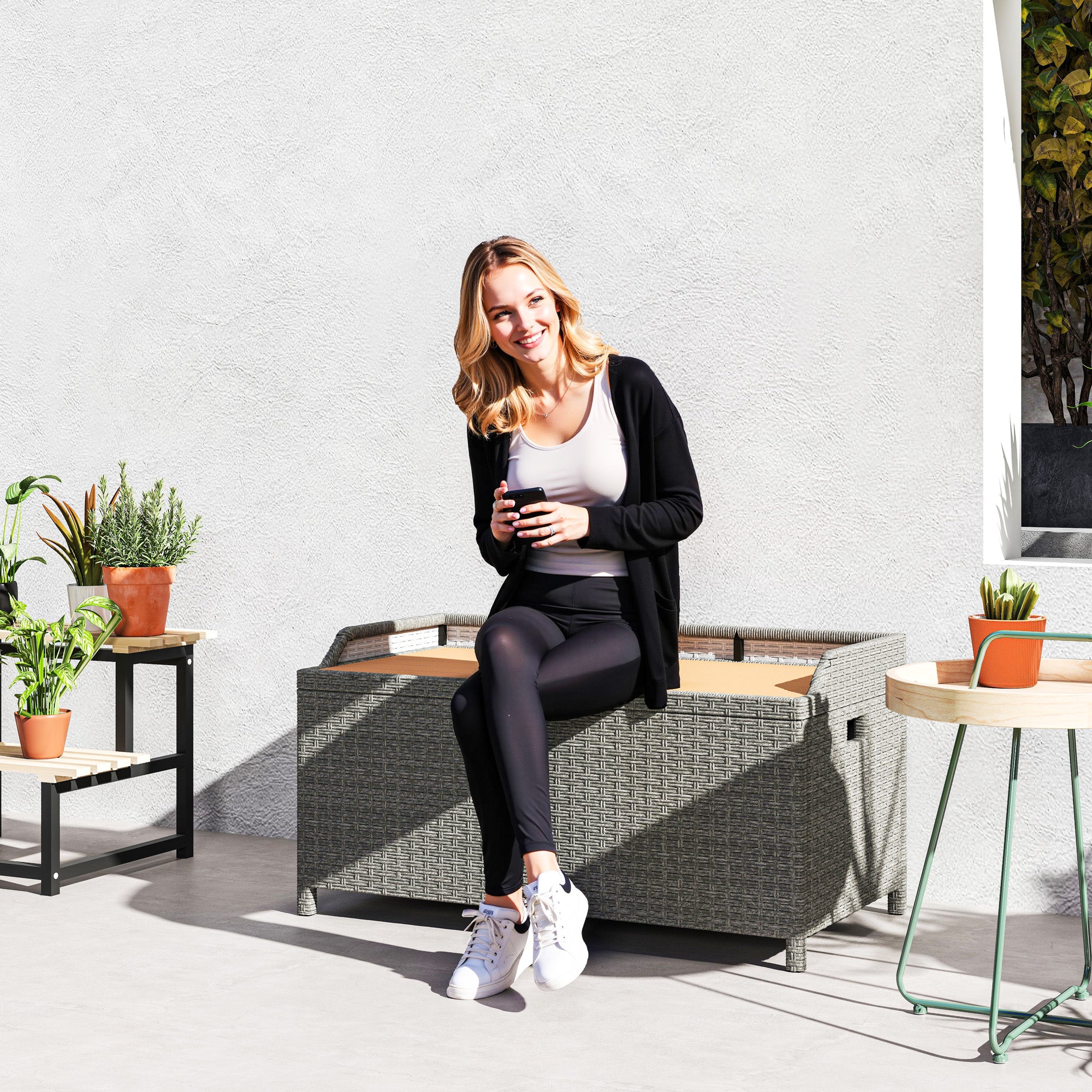 Outsunny 130 L Rattan Garden Storage Box, with Seat - Grey