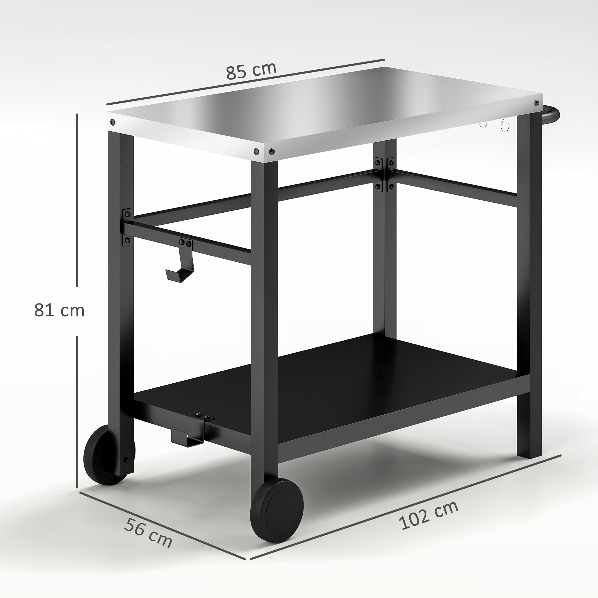Outsunny Outdoor Grill Dining Cart 2-Shelf Movable Pizza Oven Table Stand with Stainless Steel Top, Portable BBQ Trolley Food Prep Outdoor Kitchen Barbecue Station with Hooks Wheels, Charcoal Grey