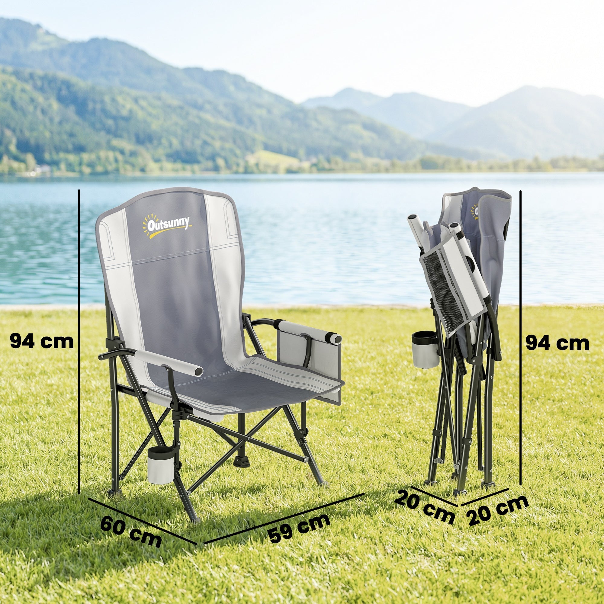 Outsunny Padded Camping Chair Adults Heavy Duty Folding Chair Side Pocket Cup Holder Carry Bag Outdoor Light Grey