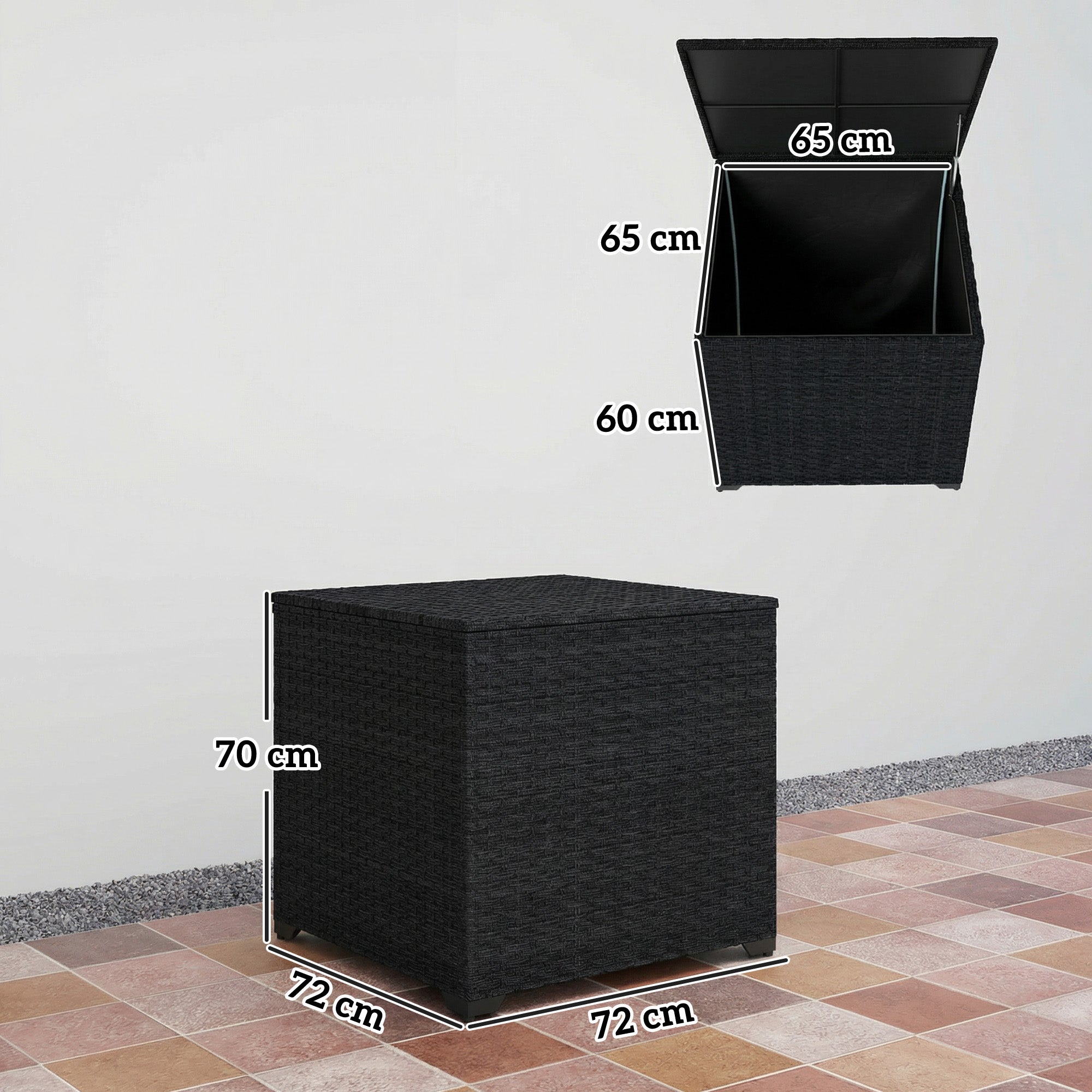 Outsunny 253L Garden Storage Box, Rattan Deck Box with Zipped Liner, Safe Pneumatic Rod, Patio Storage Container, Black