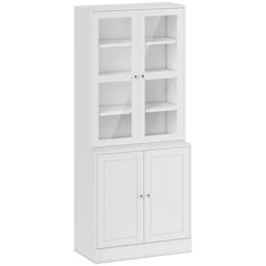 HOMCOM Modern Bookcase with Glass Doors, Display Storage Cabinet with Adjustable Shelves for Living Room, Study, Home Office, Kitchen Cupboard with Small Open Counter, White