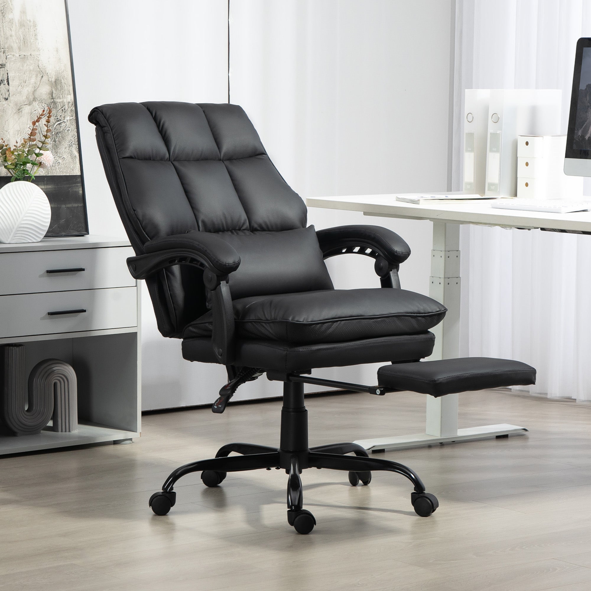 HOMCOM Faux Leather Reclining Office Chair, with Footrest - Black