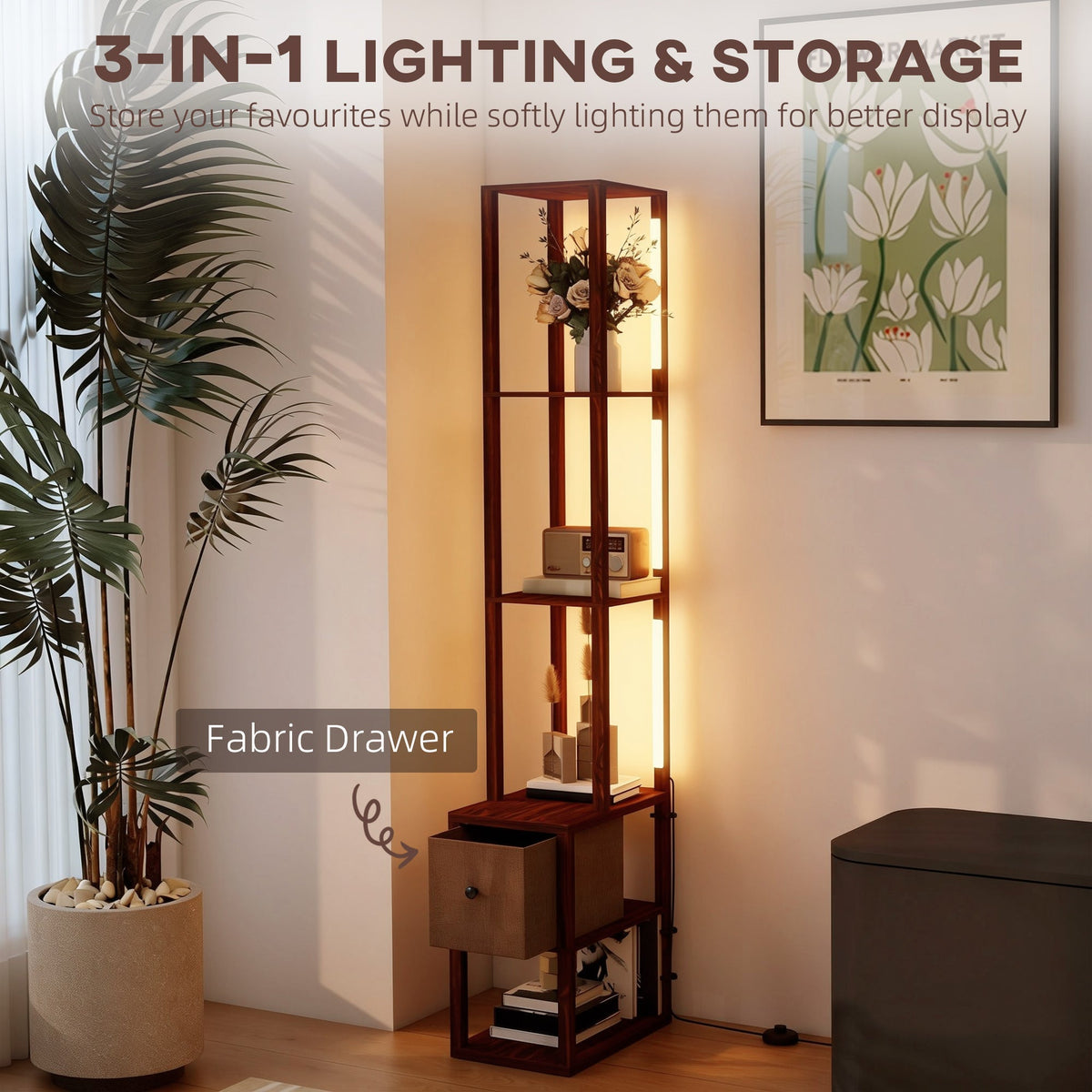 HOMCOM Floor Lamp with Shelves, LED Column Modern Standing Lamp with Fabric Drawer, Adjustable Brightness, Foot Switch for Living Room, Bedroom, Office, Dark Brown
