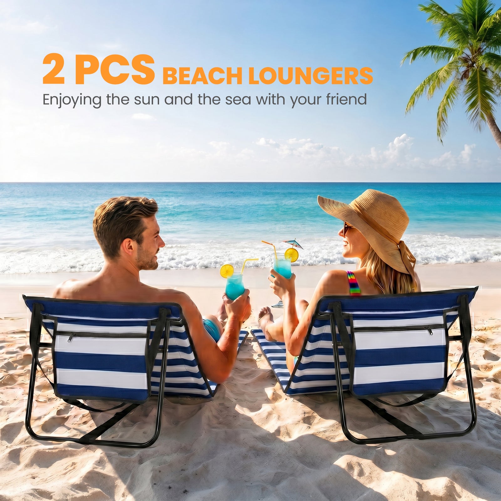Outsunny Set of 2 Foldable Garden Beach Chair Mat, Outdoor Sun Lounger Seats with Adjustable Back, Magazine Pocket, Carry Strap