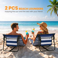 Outsunny Set of 2 Foldable Garden Beach Chair Mat, Outdoor Sun Lounger Seats with Adjustable Back, Magazine Pocket, Carry Strap