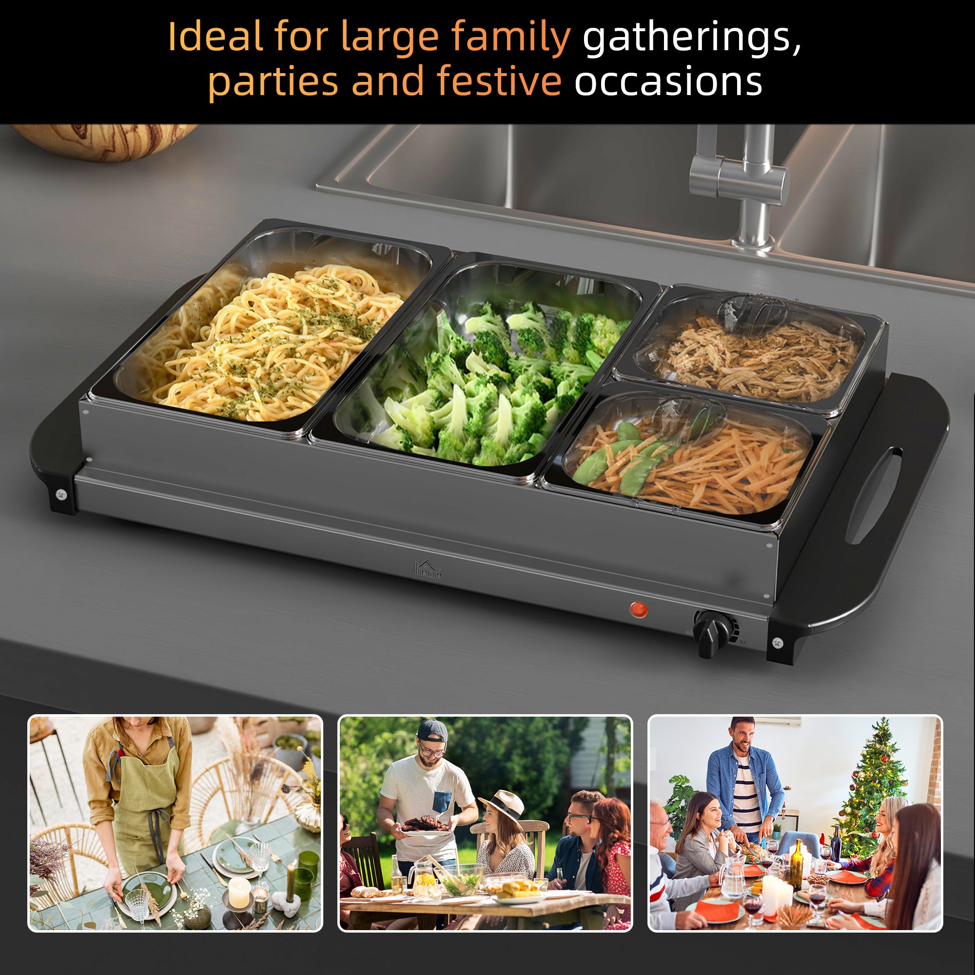 HOMCOM 4 Tray Electric Food Warmer Buffet Server with Warming Plate, Cool Touch Handles, Adjustable Temperature, 300W, 2 x 2.4L and 2 x 1L Pans