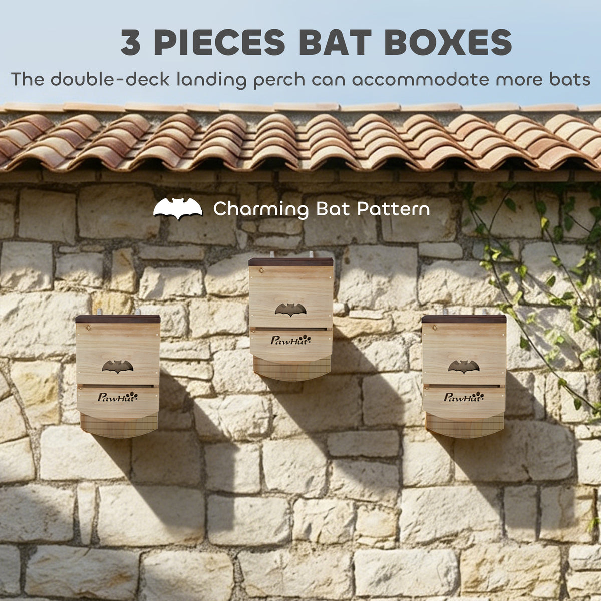 PawHut Bat Boxes, Pack of 3 Wooden Bat Houses for Outdoor, Garden, Farm, Easy to Hang, 23 x 9.5 x 36.5 cm, Natural