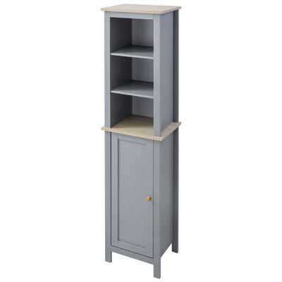 kleankin Bathroom Floor Storage Cabinet with 3 Tier Shelf and Cupboard with Door, Free Standing Linen Tower, Tall Slim Side Organizer Shelves, Grey