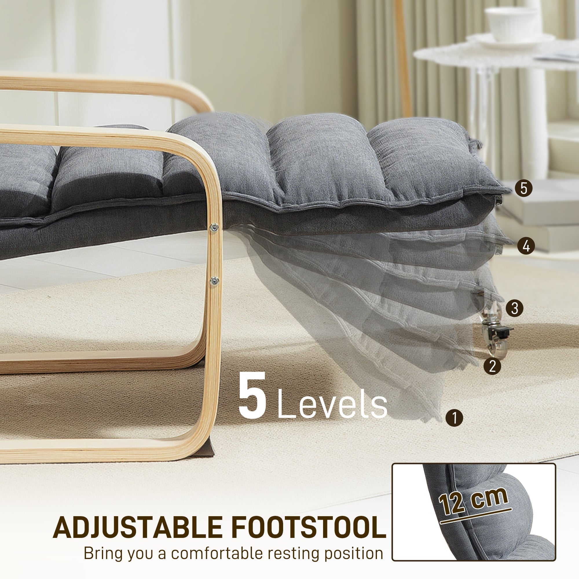 HOMCOM Curved Wooden Accent Chair, with Adjustable Footrest - Drak Grey