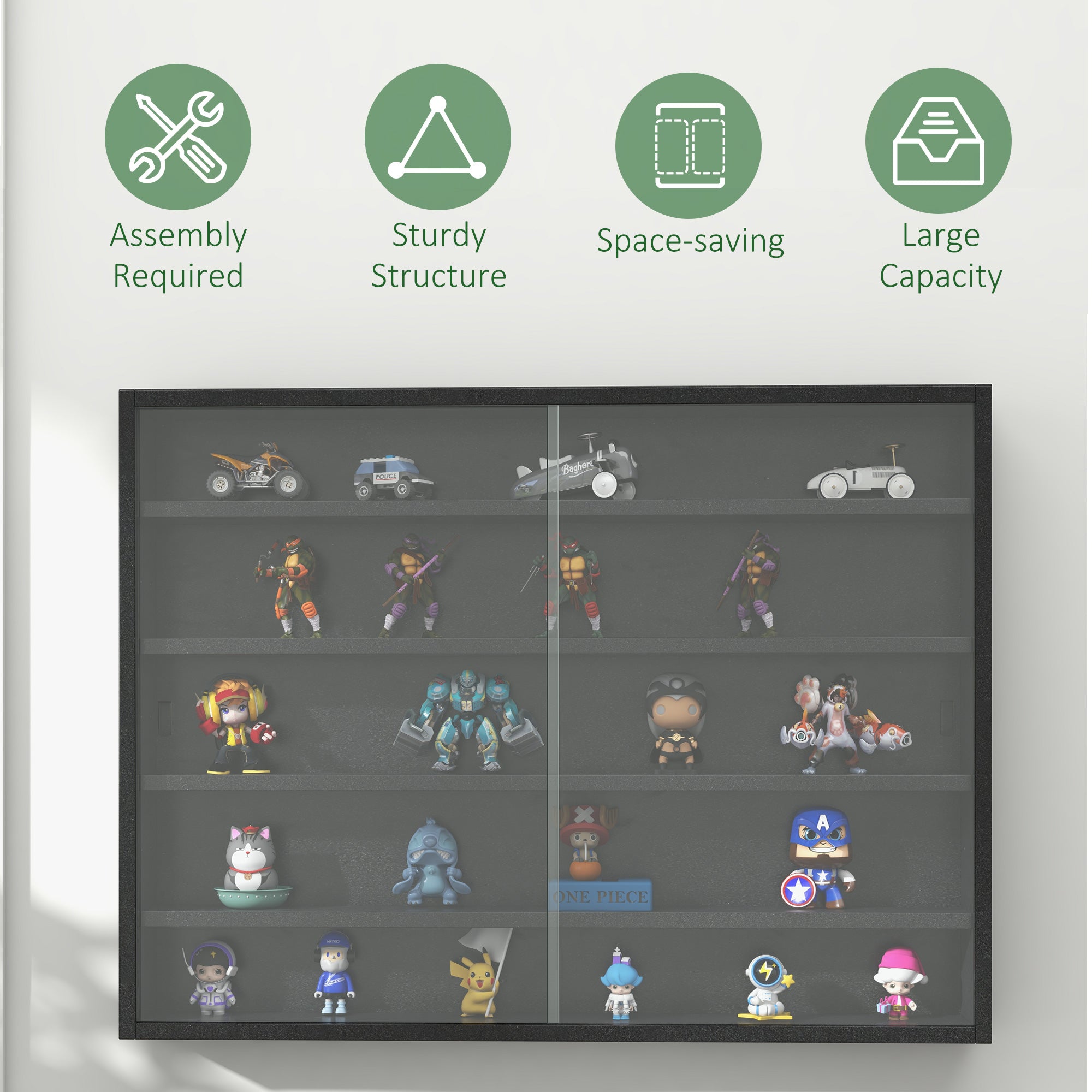 HOMCOM 5-Tier Wall Display Shelf Unit Cabinet w/ 4 Adjustable Shelves Glass Doors Home Office Ornaments 60x80cm Black