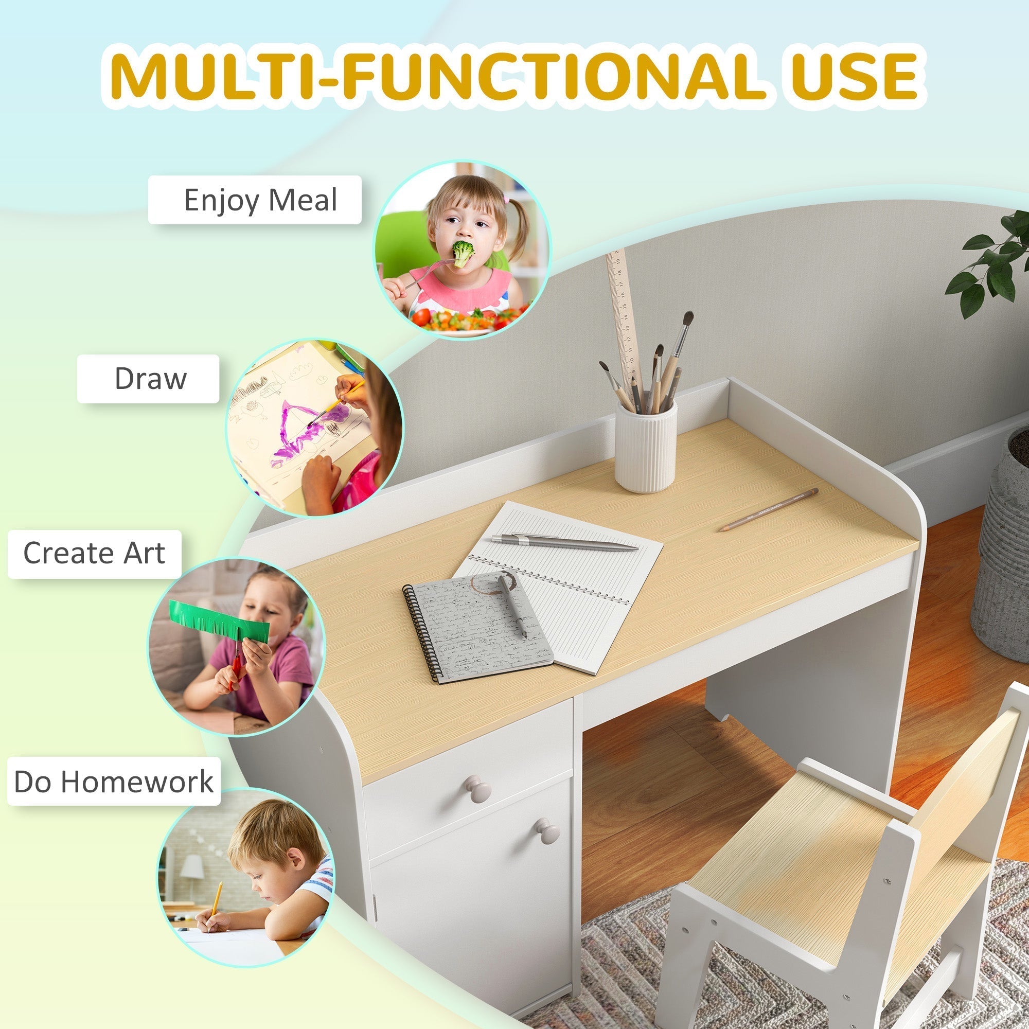 ZONEKIZ Kids Desk and Chair Set for 3-6 Years with Storage Drawer, Study Table and Chair for Children - White