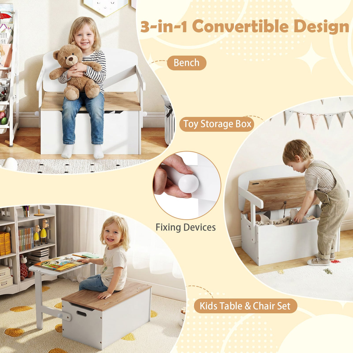 3-in-1 Kids Table and Chair Set with Toy Storage Box-Natural & White