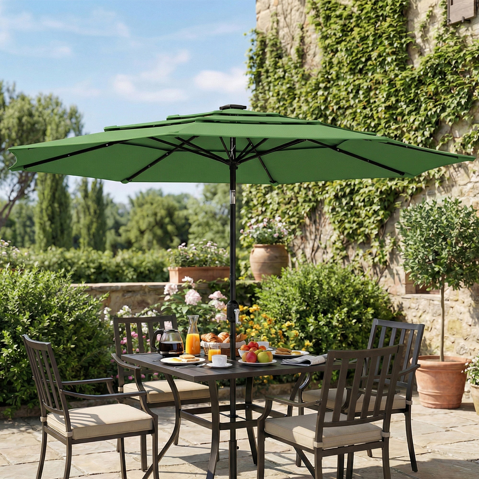 Outsunny Garden Parasol, Parasol Umbrella with 3-tier Roof, Crank Handle, Tilt Function, Polyester Canopy, Green