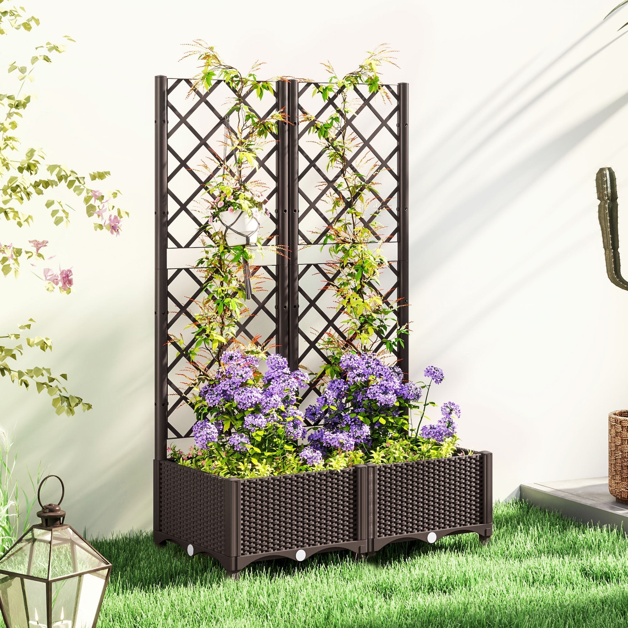 Outsunny Raised Garden Bed with Trellis, Plastic Planter Box with Drainage Holes, Drain Plugs and Water Reservoirs for Climbing Plants, Vegetables, Flowers, Brown