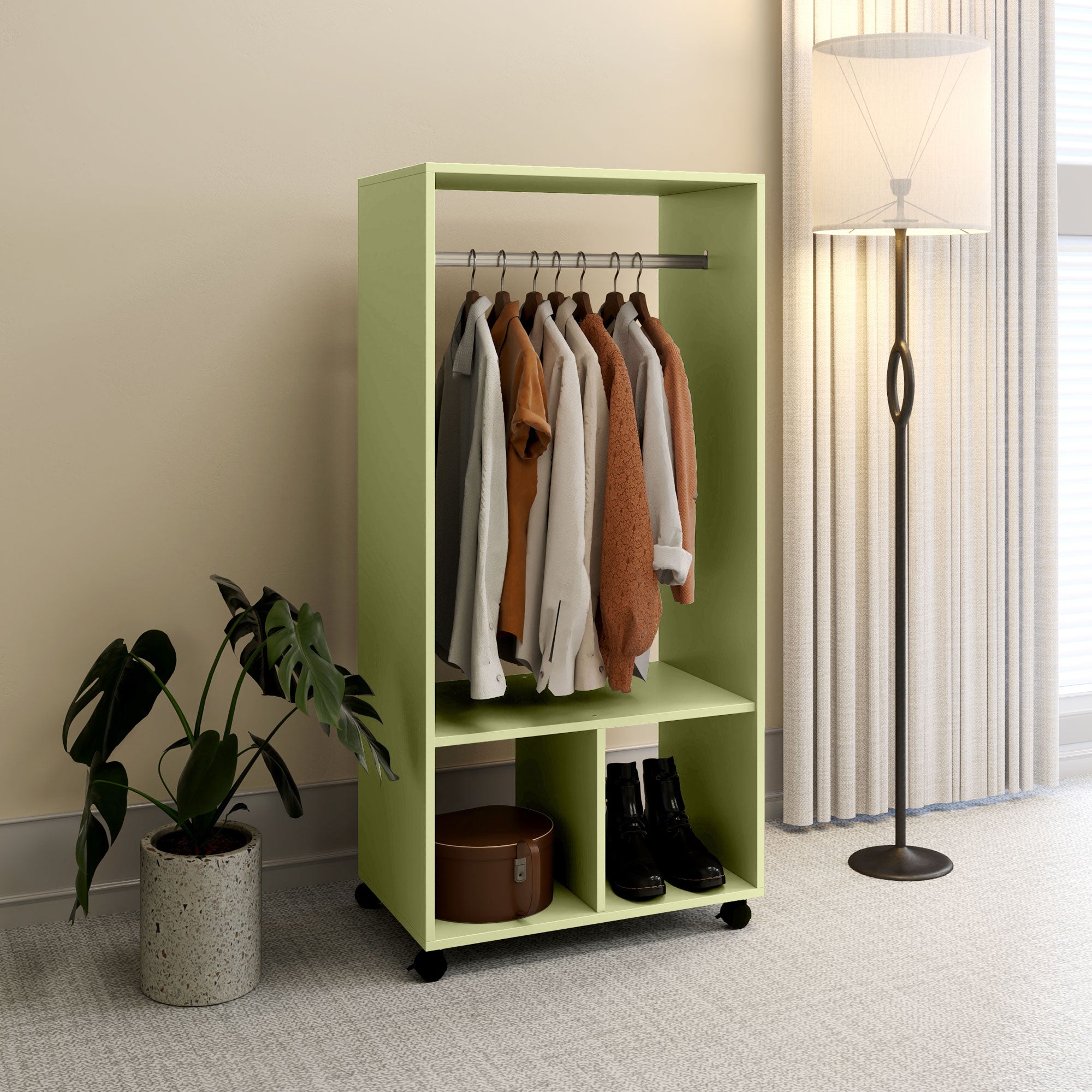 HOMCOM Open Wardrobe on Wheels, Bedroom Wardrobe with Clothes Hanging Rail, 2 Storage Shelves, Mobile Garment Rack for Cloakroom, Hallway, Green