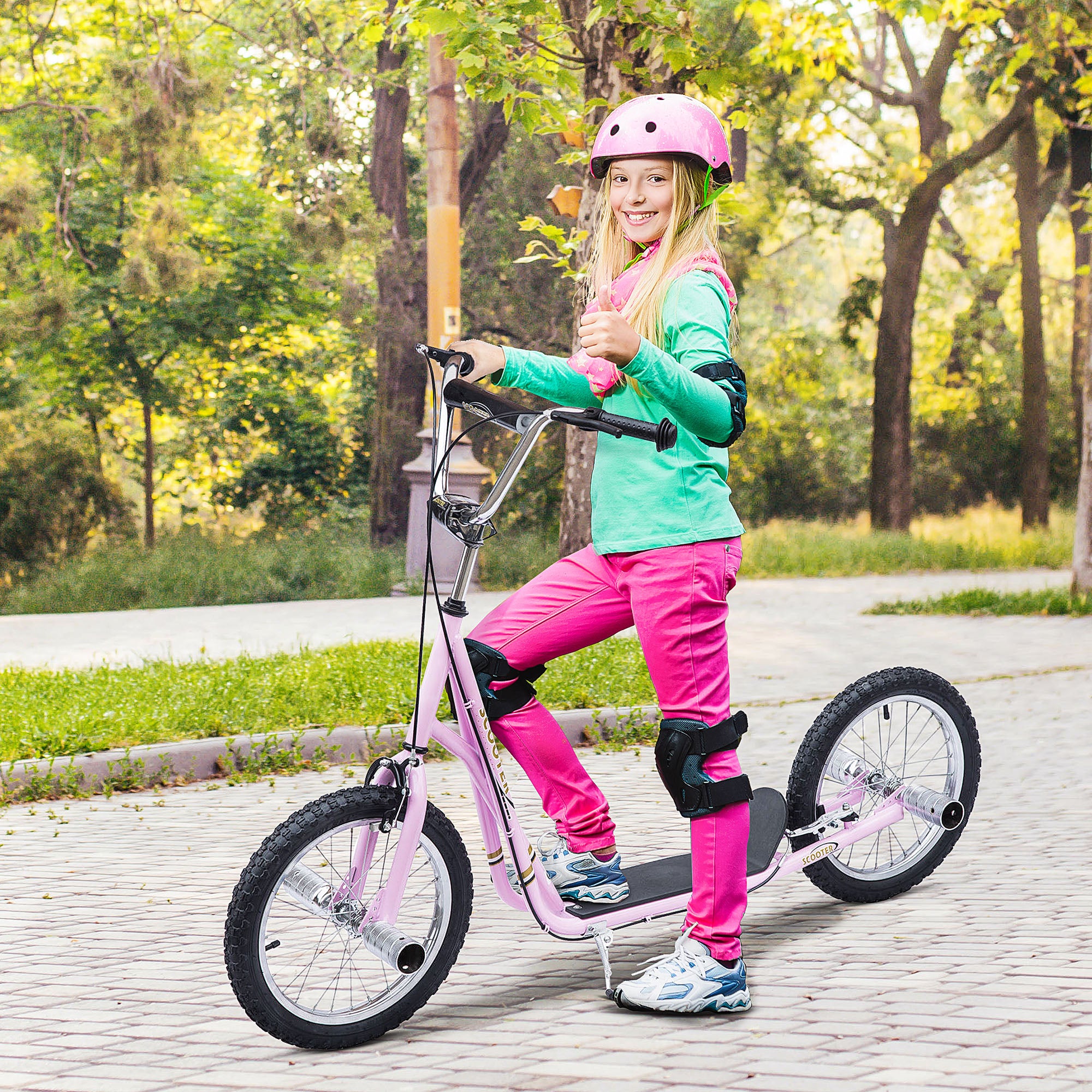 HOMCOM Stunt Scooter, Kids Scooter with 16" Big Wheels, Adjustable Height, Dual Brakes, for Ages 5+ Years, Pink
