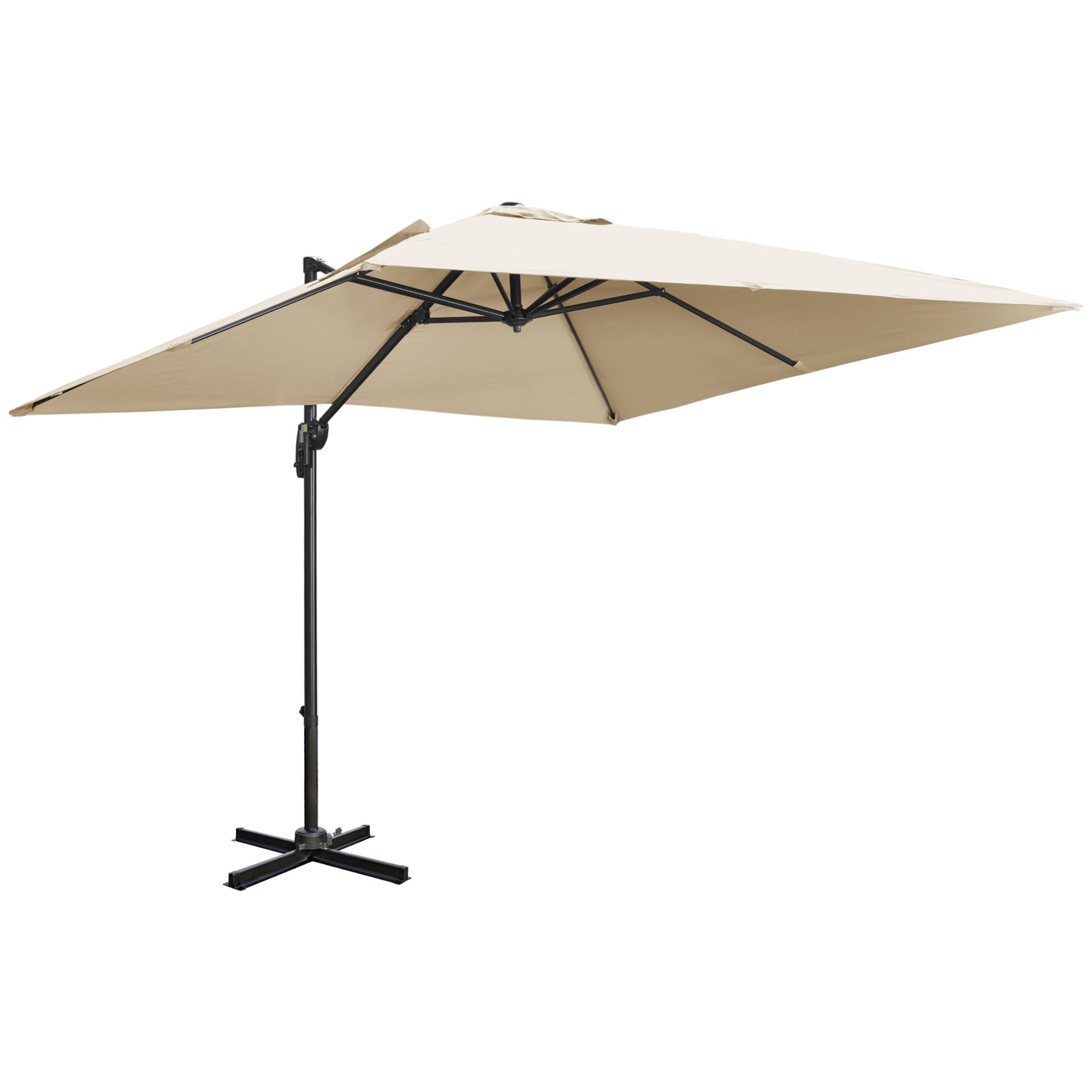 Outsunny 2.7 x 2.7 m Cantilever Parasol, Square Overhanging Umbrella with Cross Base, Crank Handle, Tilt, 360 Rotation and Aluminium Frame, Cream White