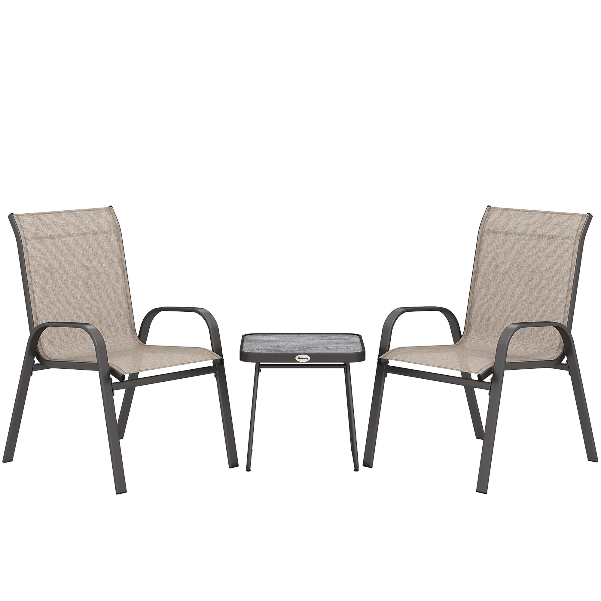 Outsunny 3 Pieces Outdoor Bistro Set, Patio Stackable Armchairs with Breathable Mesh Fabric and SPC Board Coffee Table, Brown