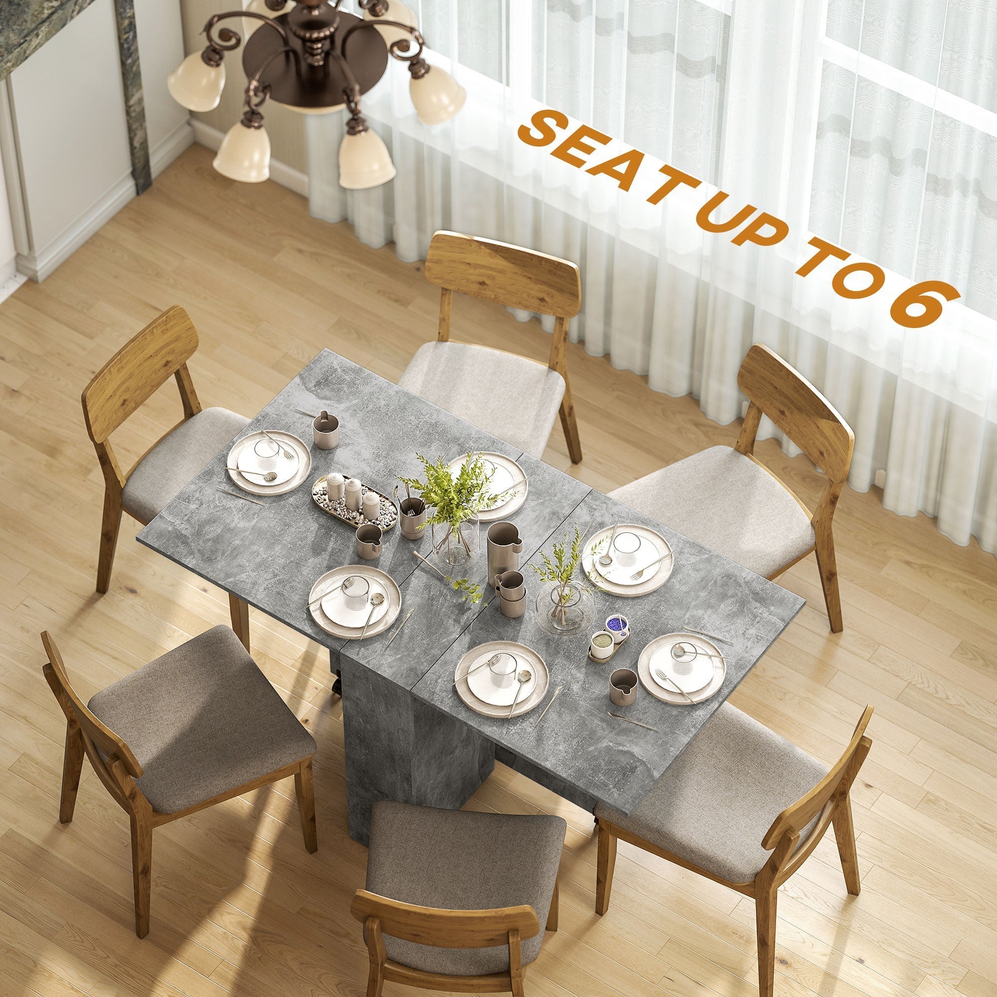 HOMCOM Folding Dining Table, Drop Leaf Table with 2-Tier Shelves, Rolling Casters, for Small Spaces, Kitchen, Cement Grey