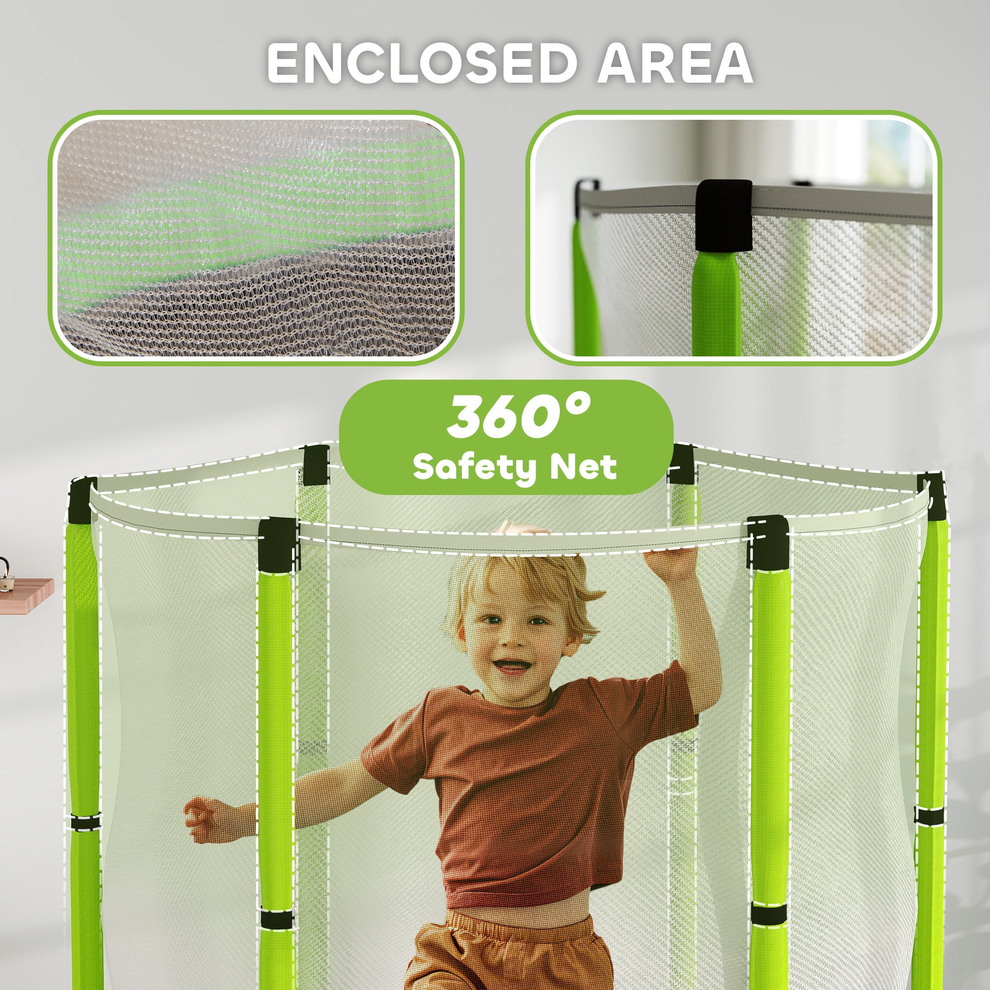 AIYAPLAY 4.6ft Toddler Trampoline w/ Safety Enclosure Net, for Indoor Outdoor Use, Ages 3-6 Years, Green