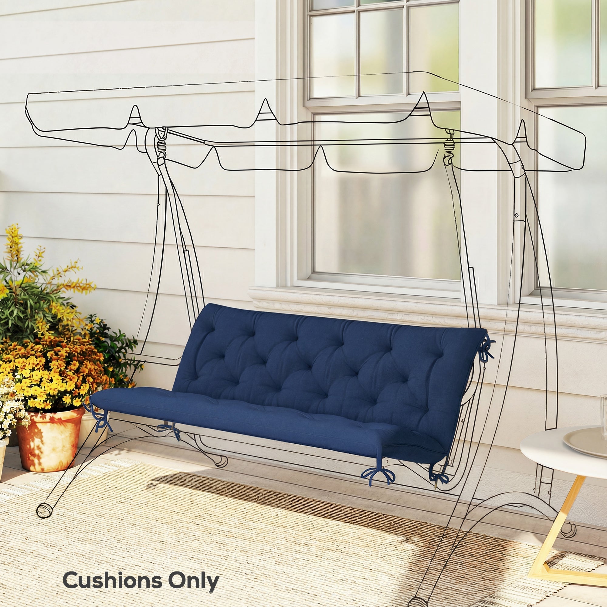 Outsunny 3 Seater Bench Cushion, Garden Chair Cushion with Back and Ties for Indoor and Outdoor Use, 98 x 150 cm, Dark Blue