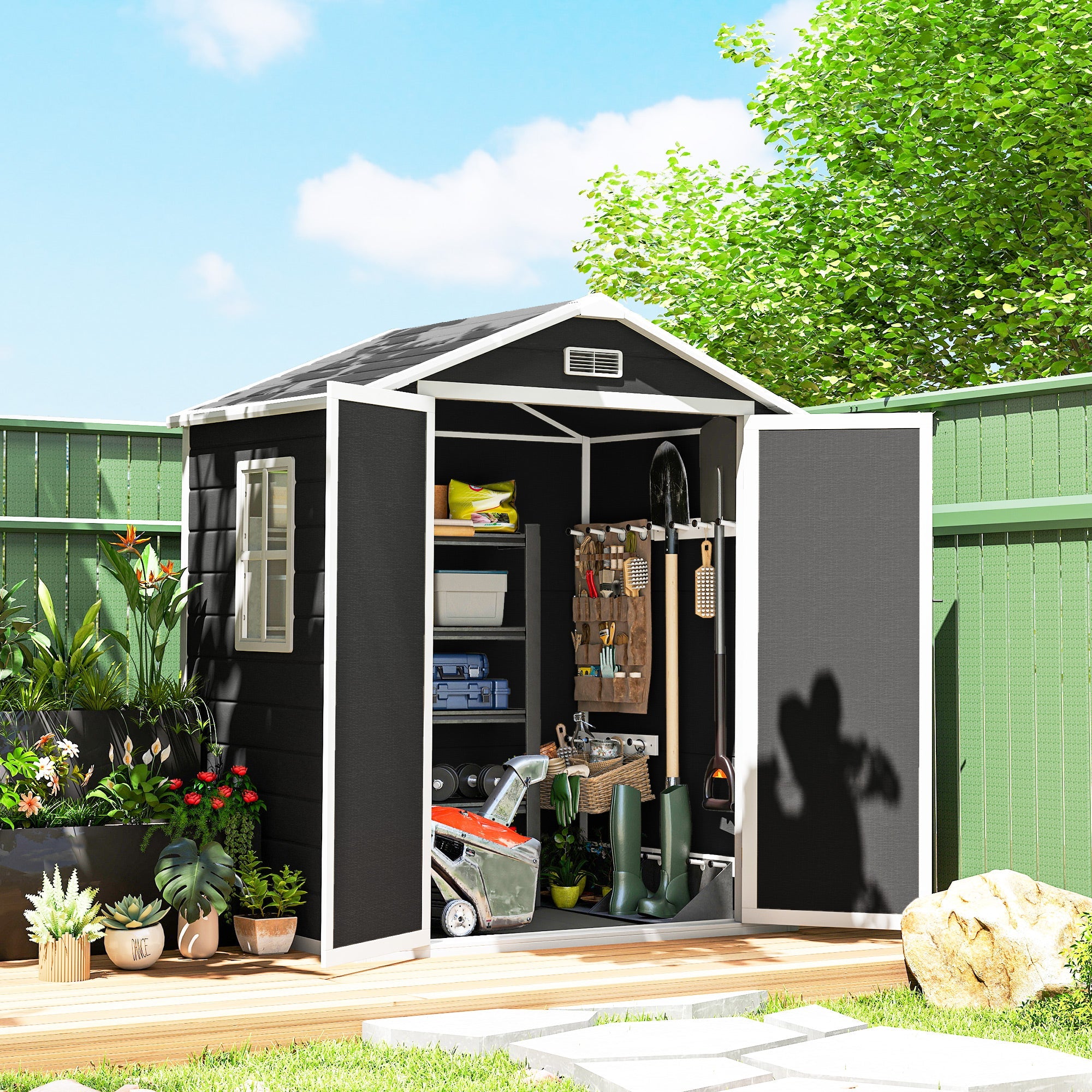 Outsunny 6'x4.5' Garden Storage Shed, Lockable Garden Shed with Double Doors, Window, Vent and Plastic Roof, Black