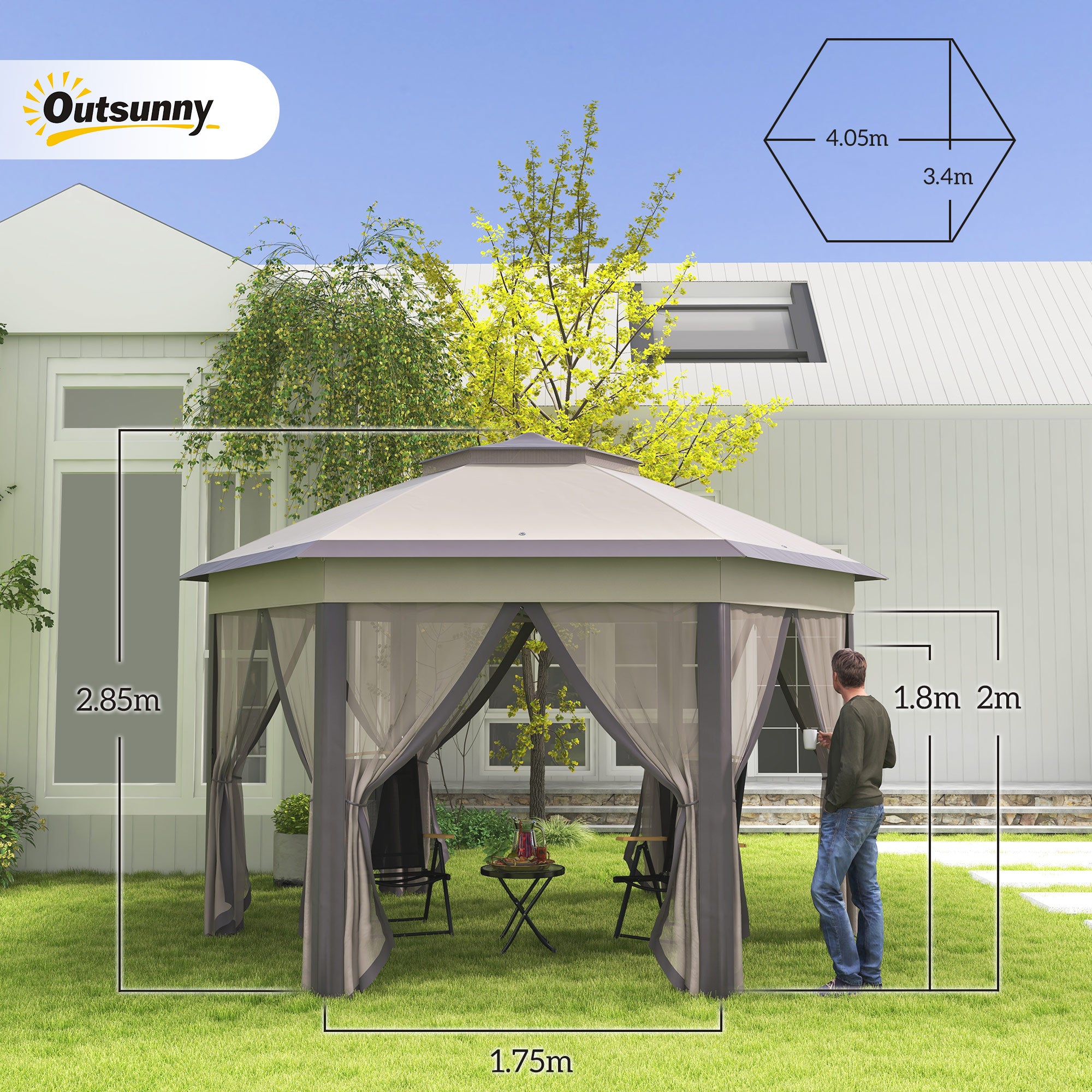 Outsunny 3 x 4m Garden Gazebo Hexagon Pop Up Gazebo Party Tent Canopy Double Roof Instant Shelter with Netting and Carry Bag for Outdoor Patio, Beige