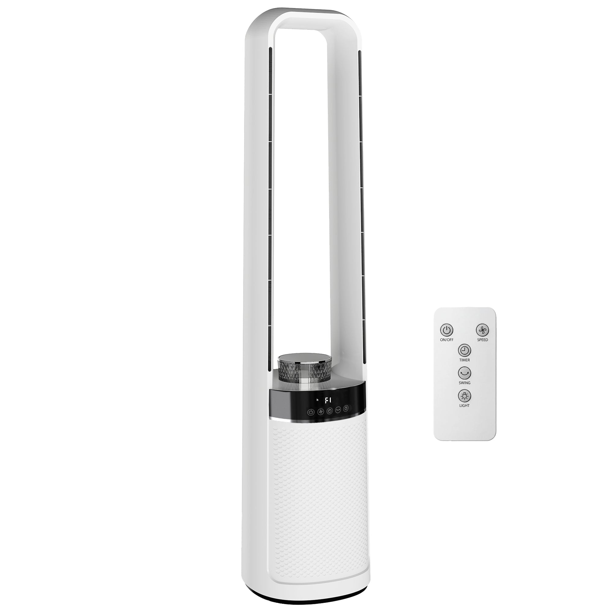 HOMCOM Bladeless Tower Fan, 36dB Standing Cooling Fan with 45Â° Oscillating, LED Lights, 3 Speeds, 12H Timer, Remote Control