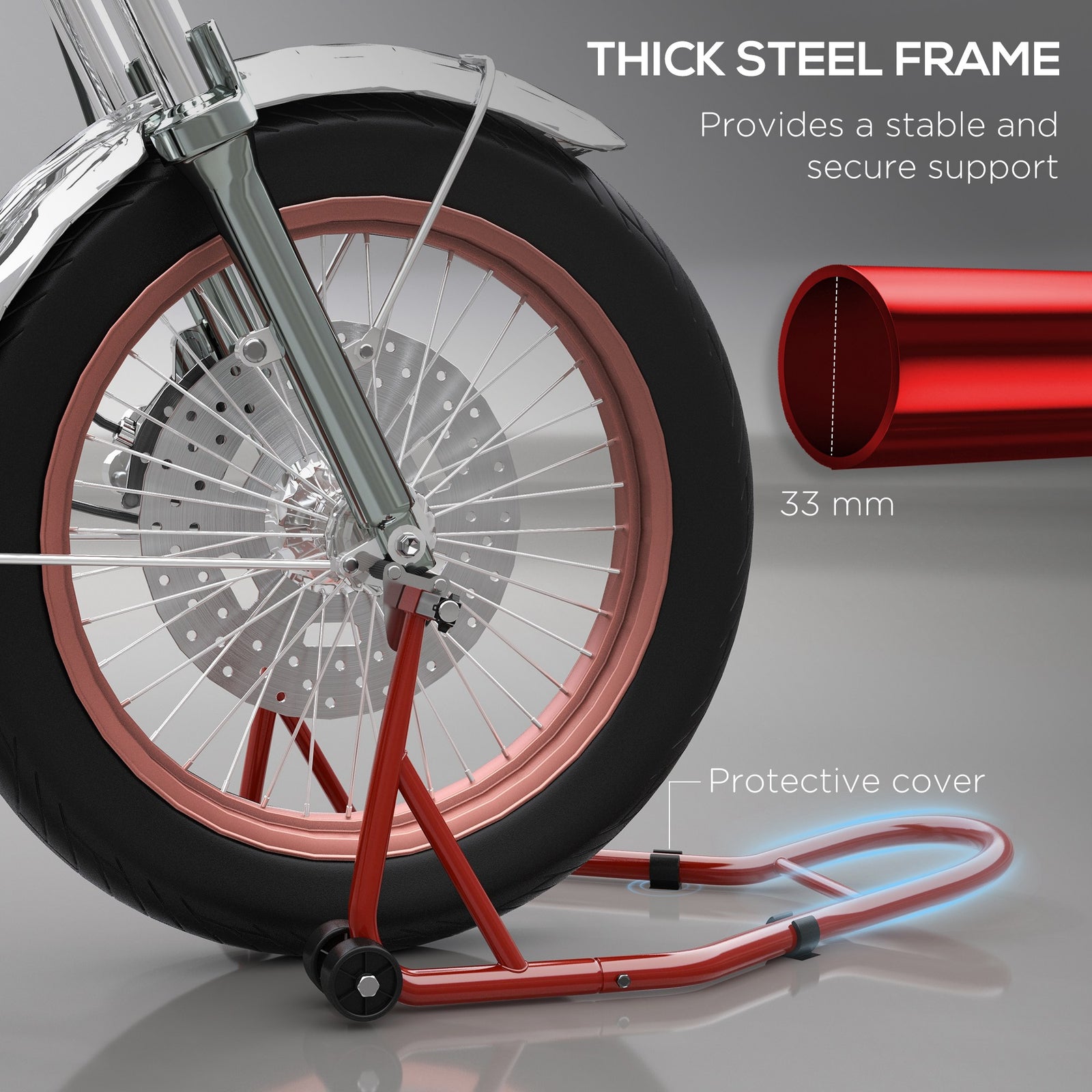 HOMCOM Front Motorcycle Paddock Stand Motorbike Stand with Anti-Slip Mat, Adjustable Pin and Swingarm Spool Adaptors, 200 kg Capacity, for 18", 17" and 10" Tyre, Red