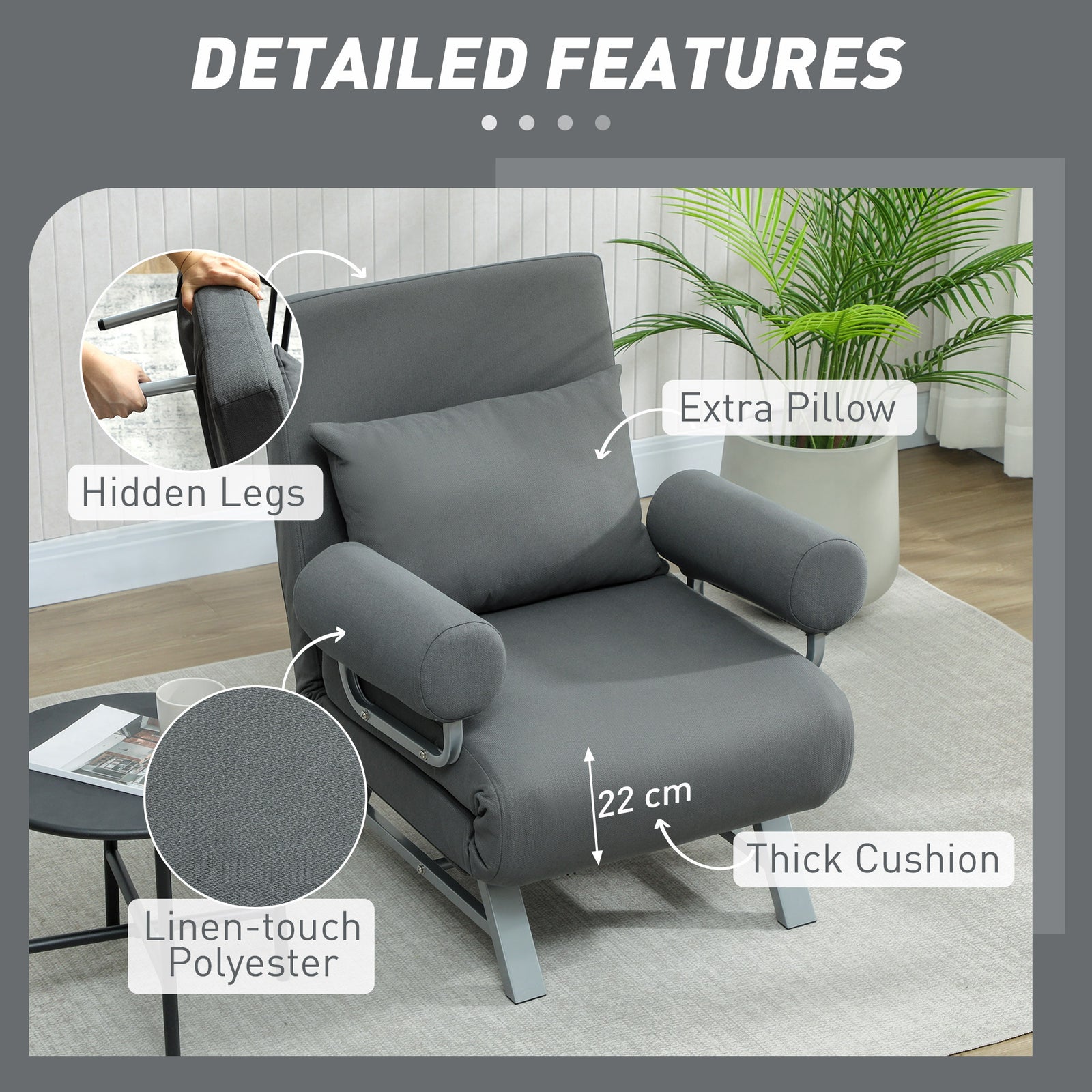 HOMCOM Single Sofa Bed, 3-in-1 Convertible Folding Chair Bed with Adjustable Backrest, Removable Armrests, Dark Grey