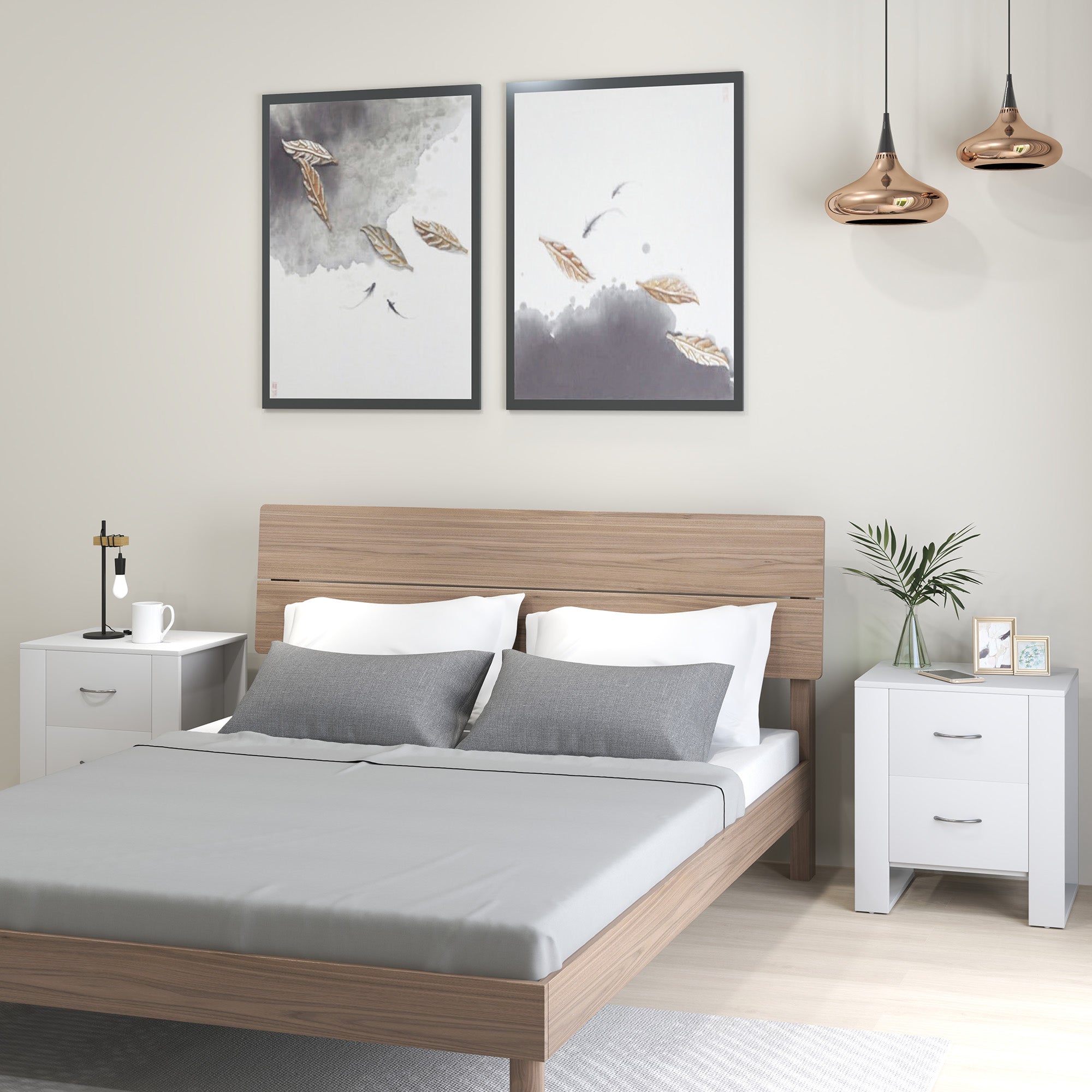 HOMCOM Bedside Table Set of 2 with 2 Drawers, Nightstands with Handles and Elevated Base, Side Tables for Bedroom, Living Room, White