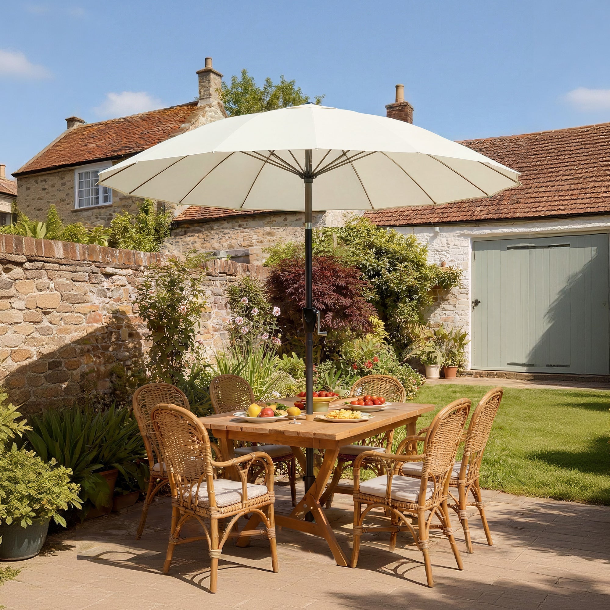 Outsunny 2 m Shanghai Garden Parasol Umbrella with 16 Fibreglass Ribs, Outdoor Parasol Sun Shade with Crank & Tilt, Cream White