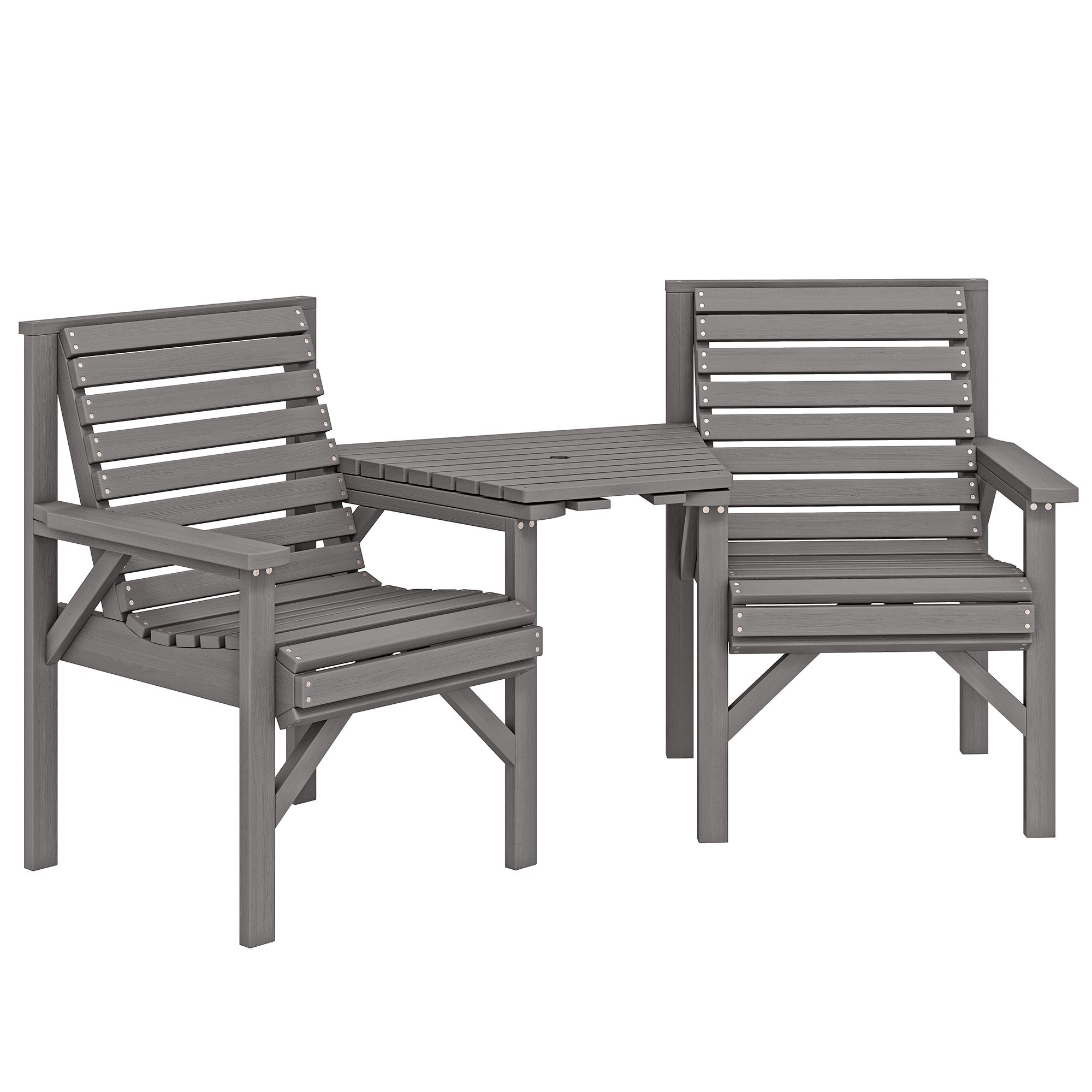 Outsunny Wooden Garden Bistro Set, 2 Seater Wooden Outdoor Table and Chairs with Parasol Hole for Patio, Light Grey