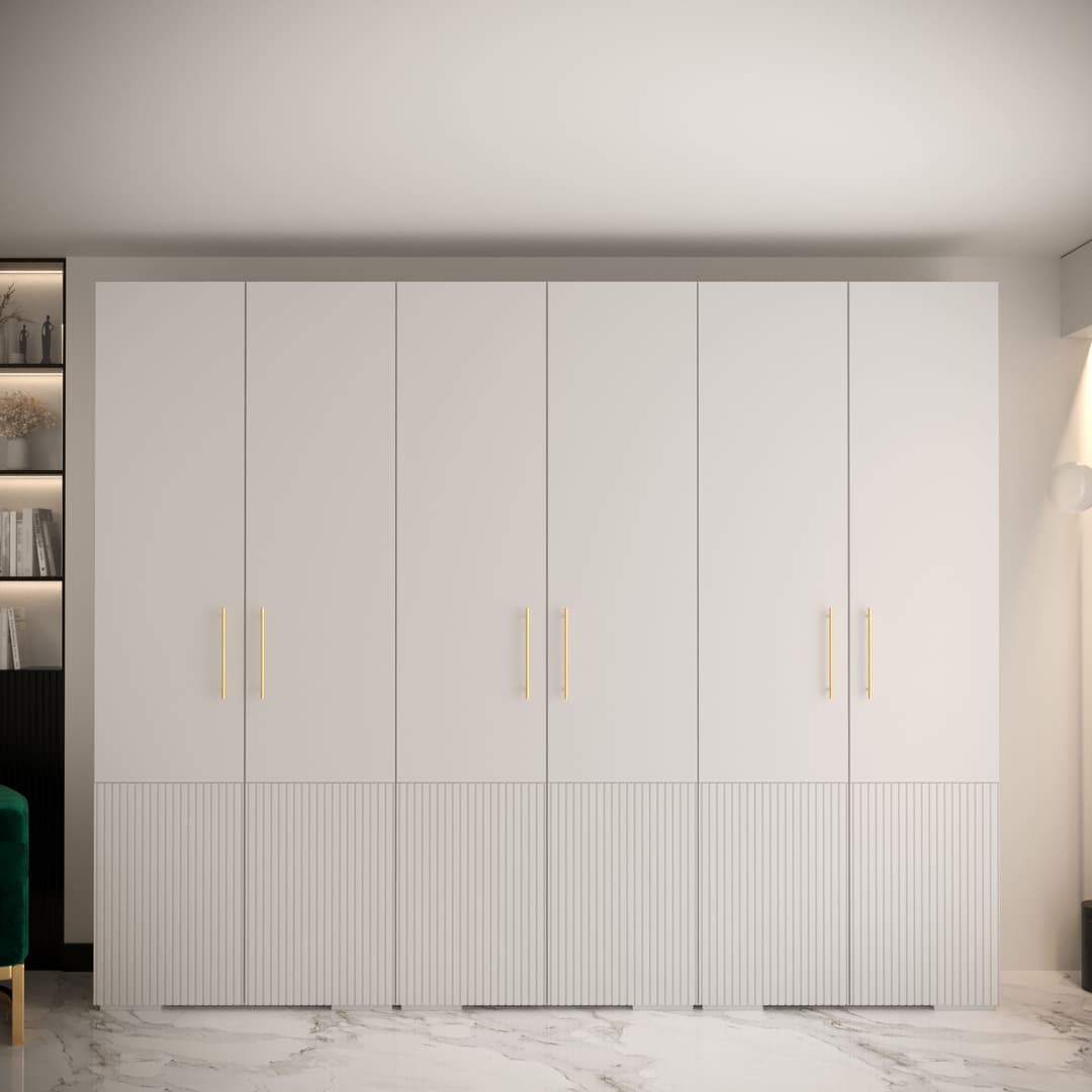 Manhattan III Hinged Door Wardrobe 300cm with six doors and gold handles