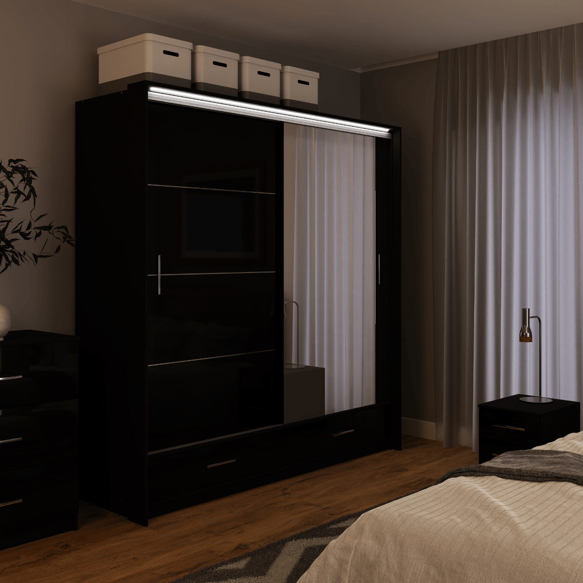 Black Gloss Mirrored Sliding Door Wardrobe 208cm –  EPSOM