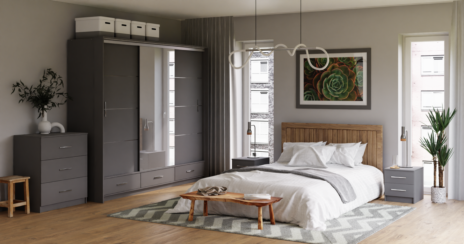 Graphite Mirrored Sliding Door Wardrobe 255cm –  EPSOM