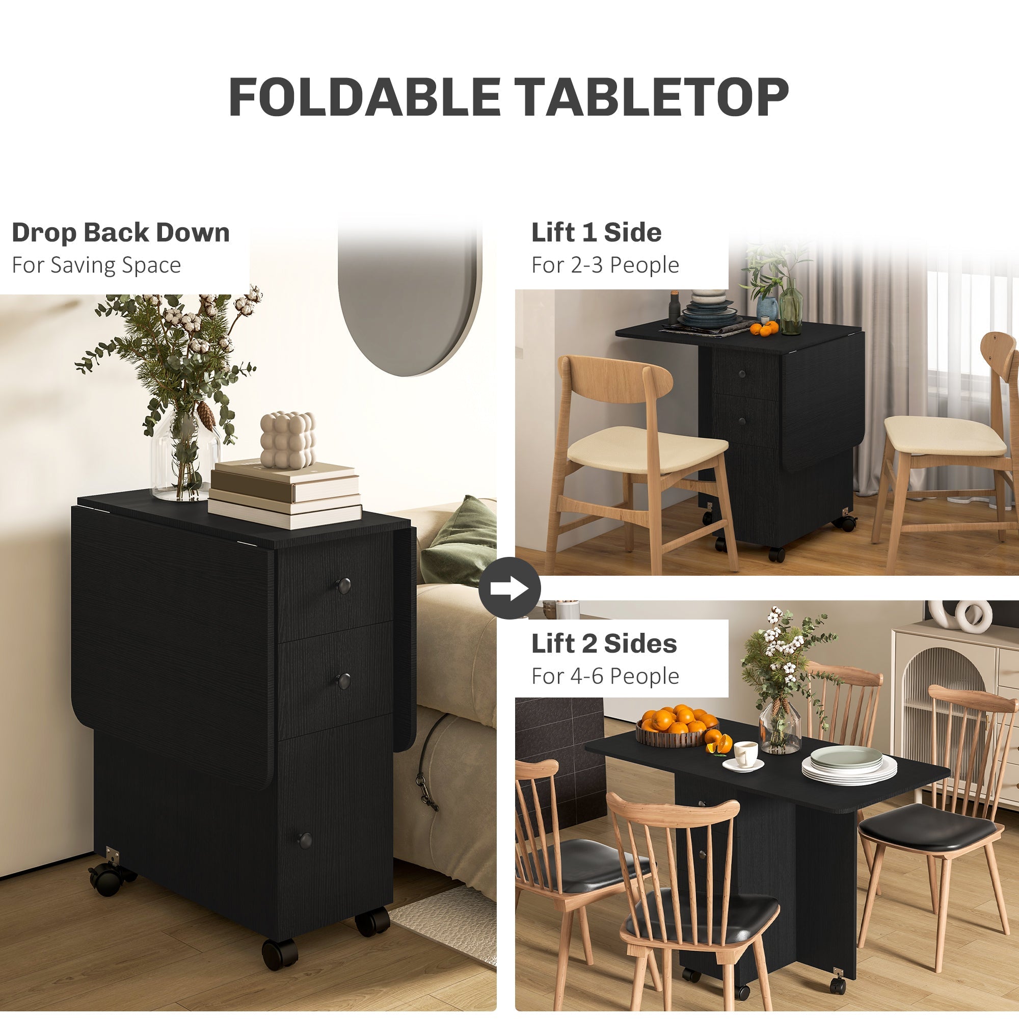 HOMCOM Dining Table Set, Folding Drop Leaf Table with Storage and 4 Chairs, Black