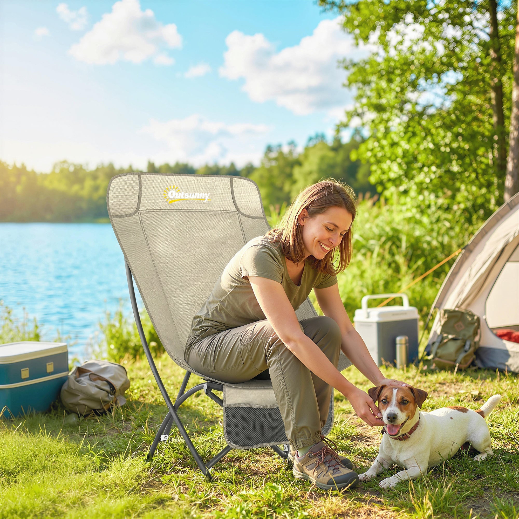 Outsunny Camping Chair for Adults Heavy Duty Folding Camp Chair with Side Pocket and Carry Bag Khaki