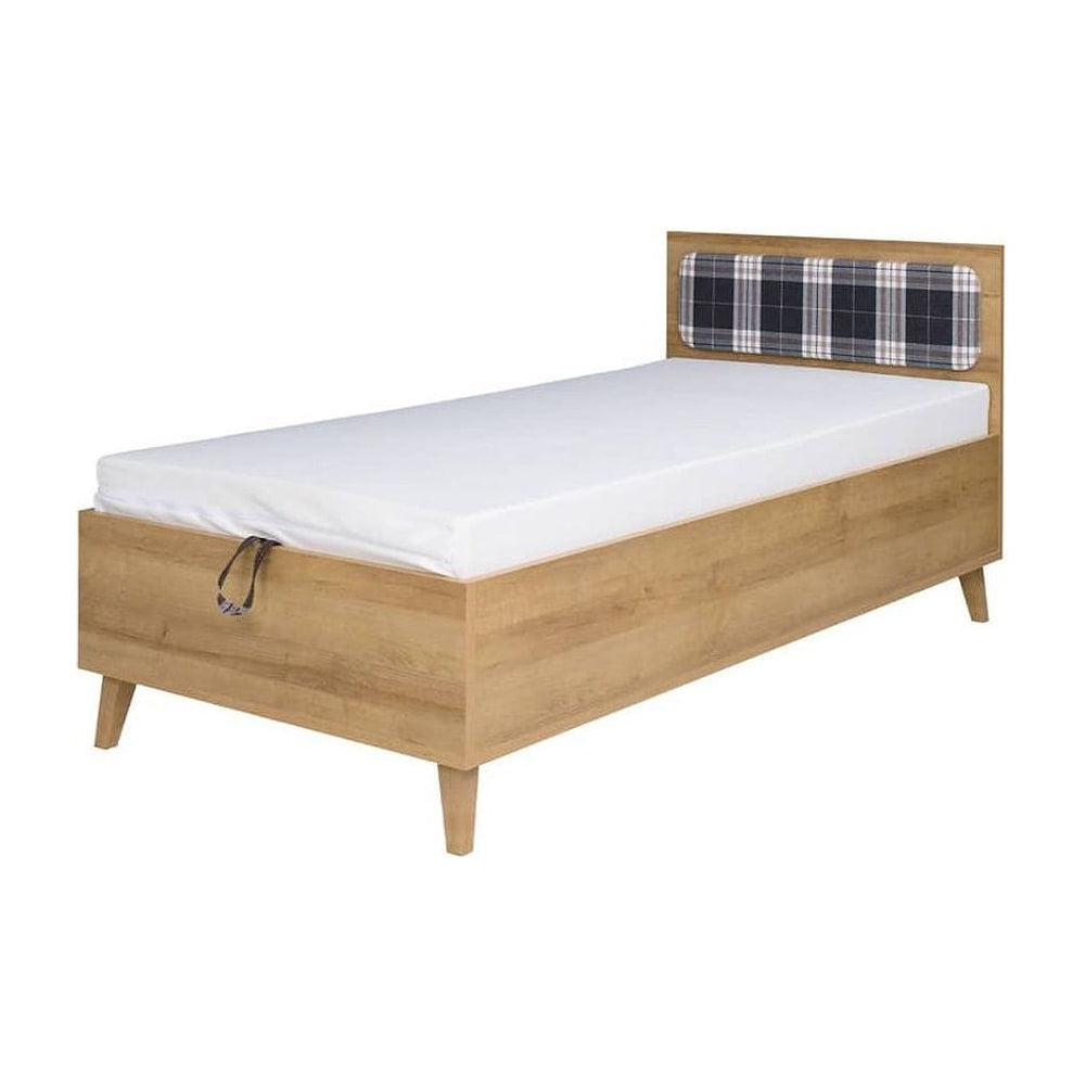 Memone Bed 90cm [EU Single] with a wooden frame and a plaid headboard cushion on a white background