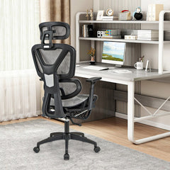 The office chair viewed from the back while positioned in a home office workspace