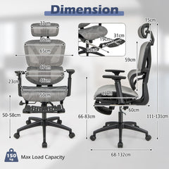 The office chair showing various measurements and dimensions for height and width