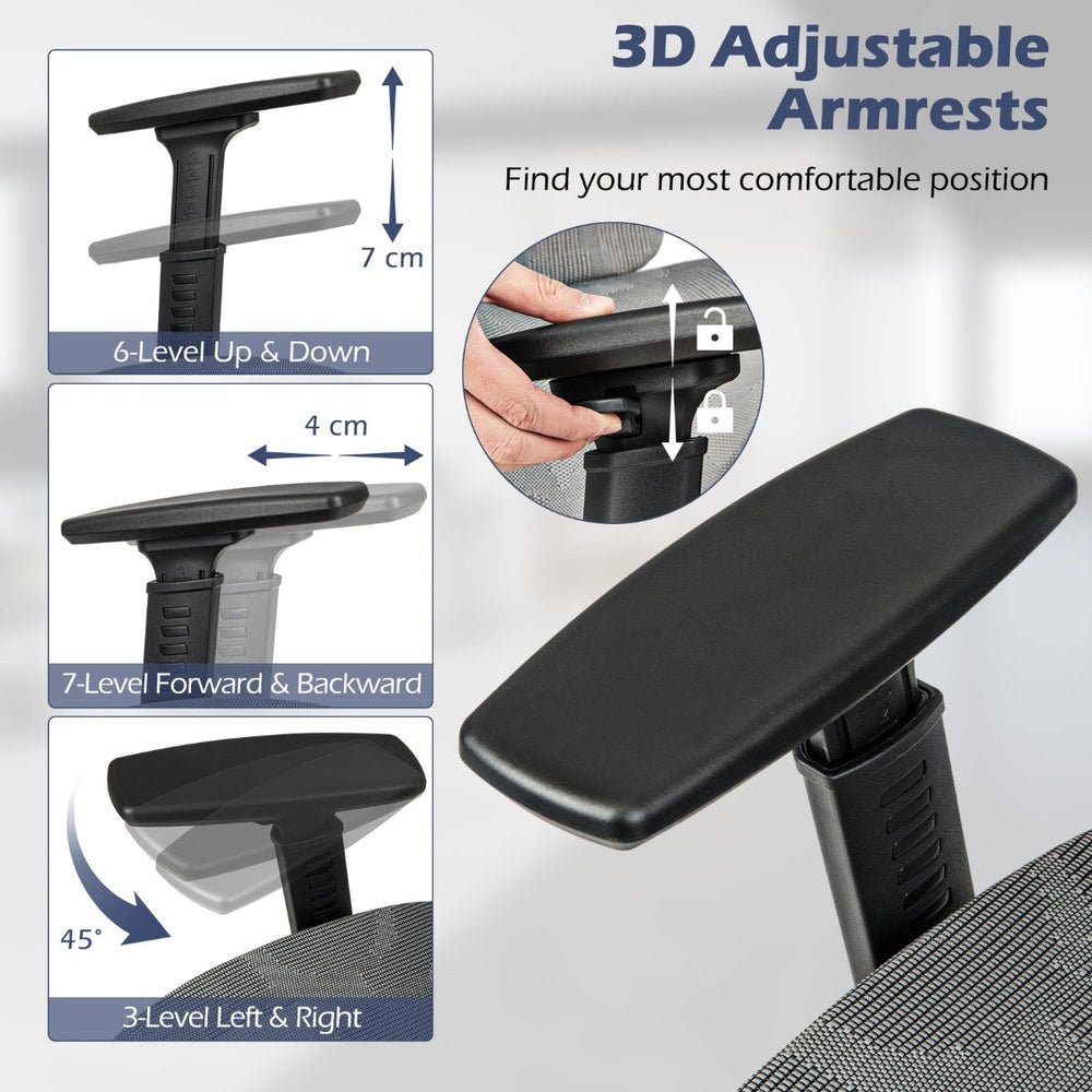 The office chair demonstrating the various movement options for the armrests
