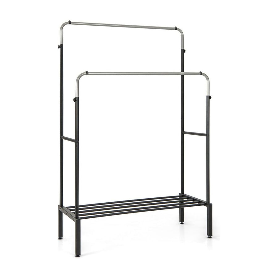 Metal Clothes Stand Rack with two rods and a shoe shelf in silver