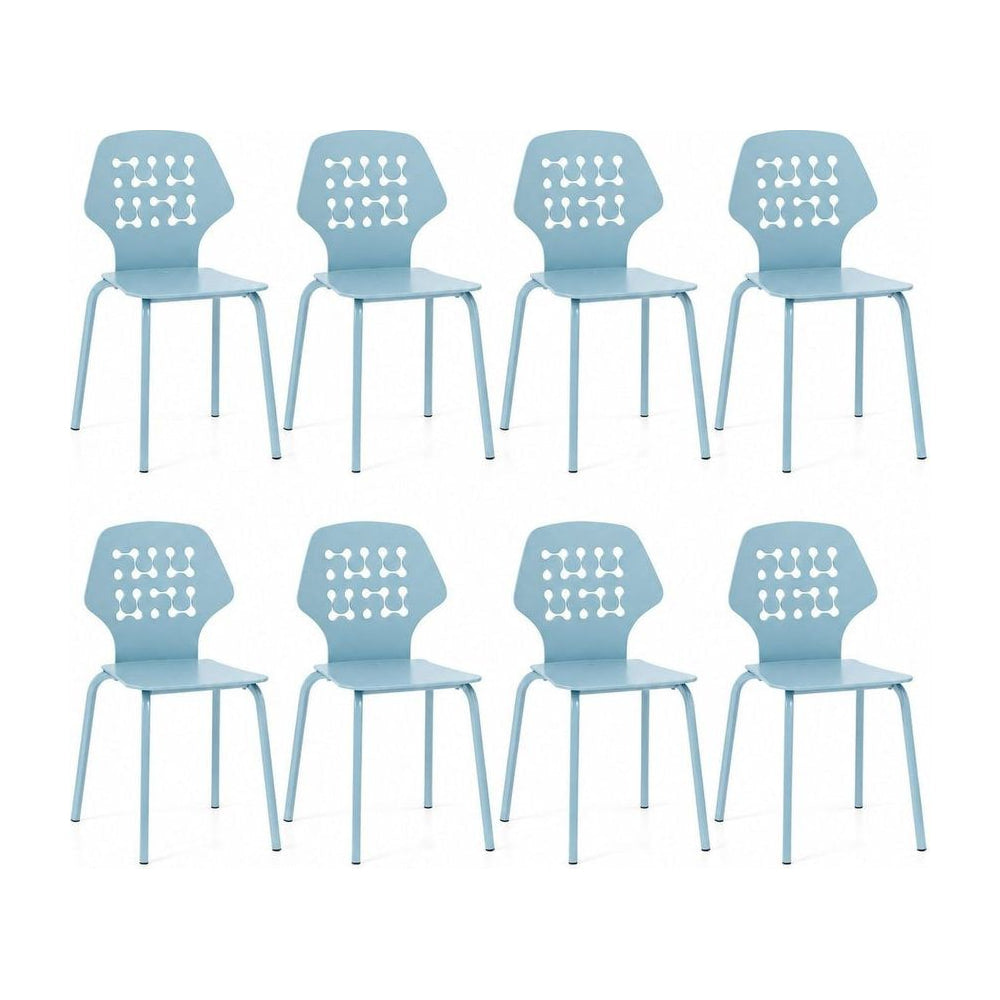 Metal Dining Chair Set of 8 with hollowed backrest and metal legs in blue
