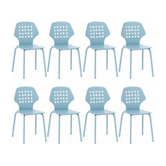 Metal Dining Chair Set of 8 with hollowed backrest and metal legs in blue