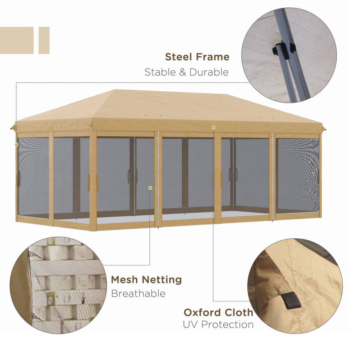 Outsunny 3 x 6m Pop Up Gazebo, Outdoor Canopy Shelter, Marquee Party Wedding Tent with 6 Mesh Walls and Carry Bag, Beige