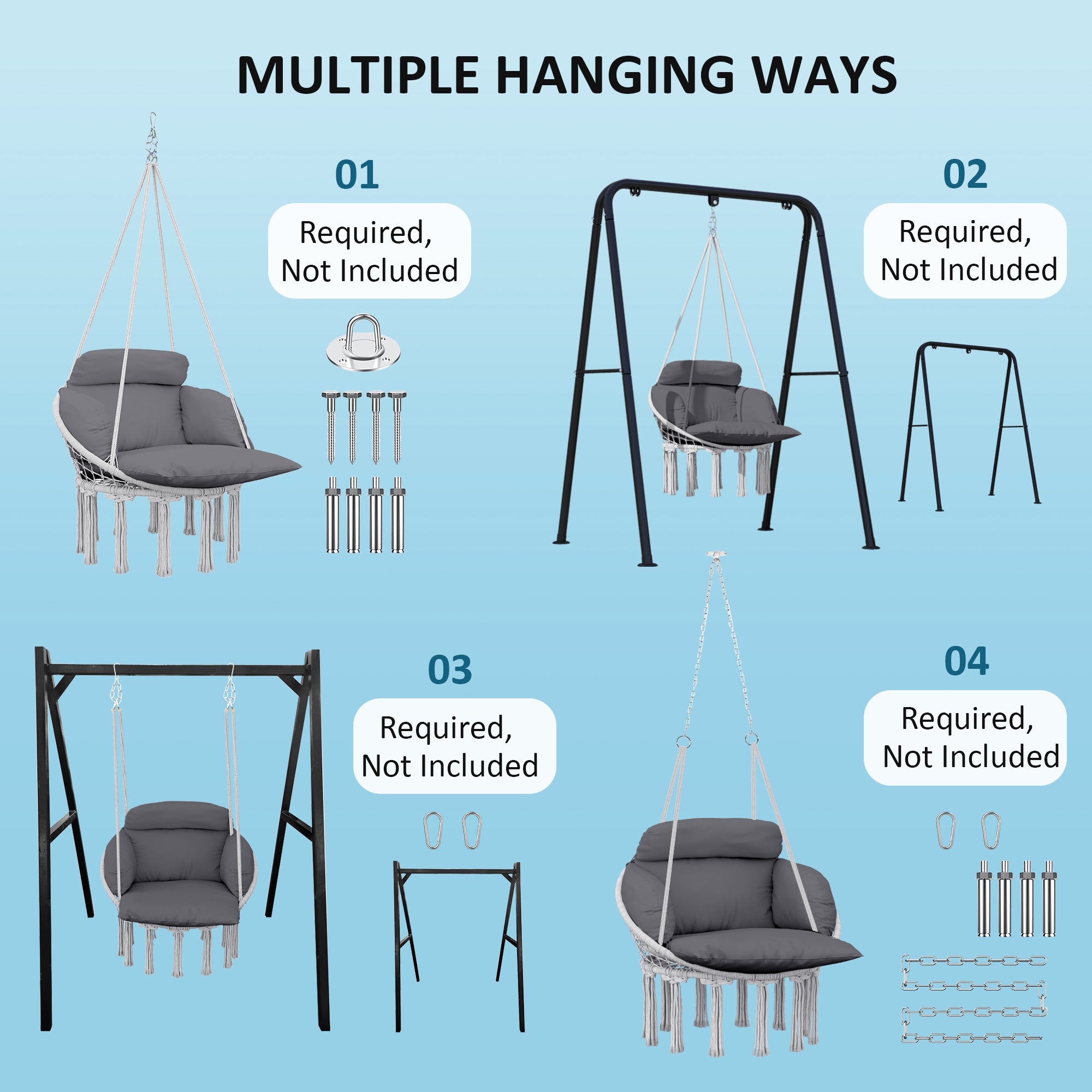 Outsunny Hanging Chair Outdoor Hammock Chair with Soft Cushion, Cotton Rope Boho Style Swing Chair, Hanging Garden Swing Seat for Indoor Outdoor, Dark Grey