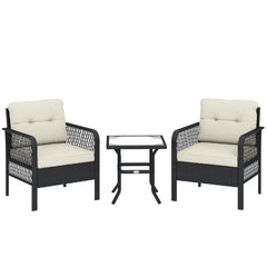 Outsunny 3 Pieces Rattan Bistro Set with Glass Top Coffee Table, Chairs and Cushions for Outdoor, Patio, Balcony, Cream