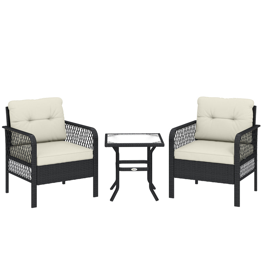 Outsunny 3 Pieces Rattan Bistro Set with Glass Top Coffee Table, Chairs and Cushions for Outdoor, Patio, Balcony, Cream