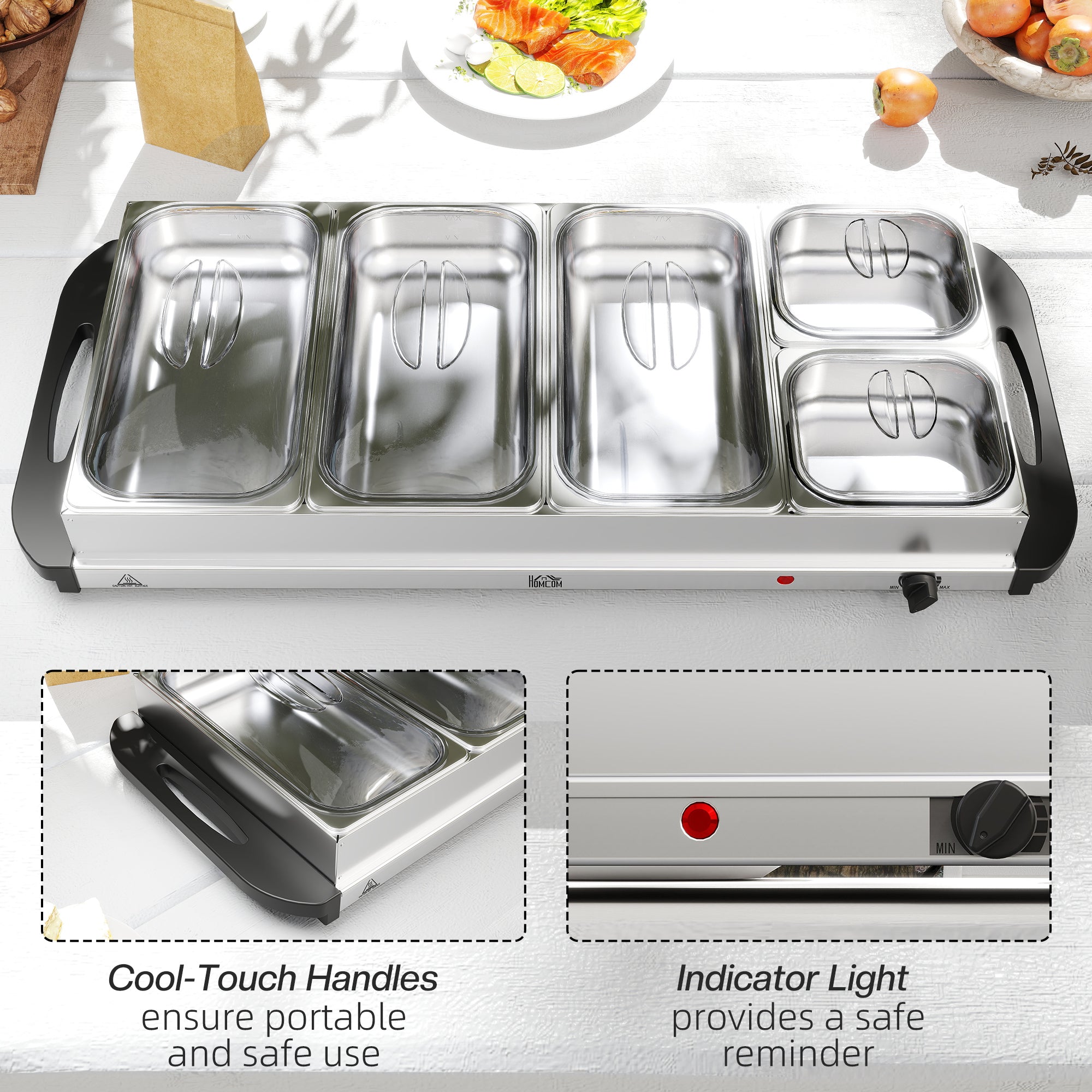 HOMCOM Electric Food Warmer 5 Tray, 9.2L Portable Buffet Server and Warming Tray with Lids, Adjustable Temperature Control and Cool Touch Handles, 450W, 3 x 2.4L and 2 x 1L, Silver Tone